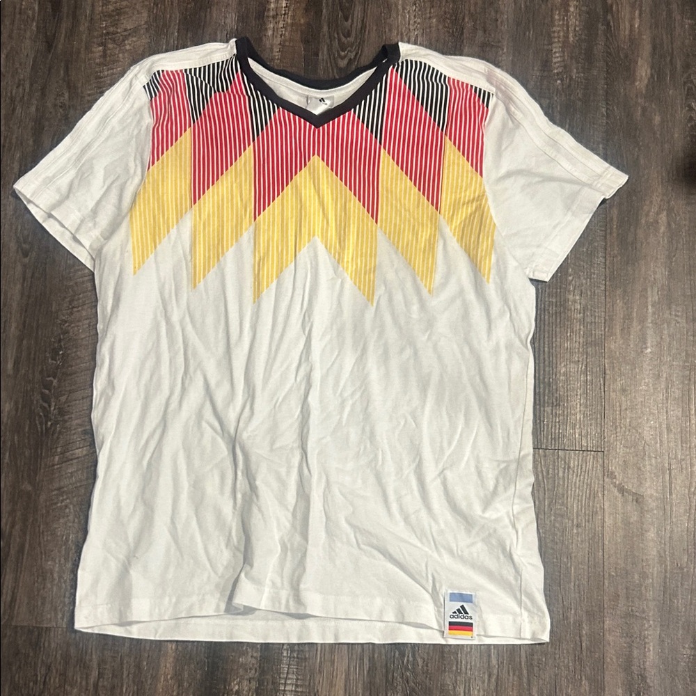 Adidas Men's White Tee with Red and Yellow Chevron